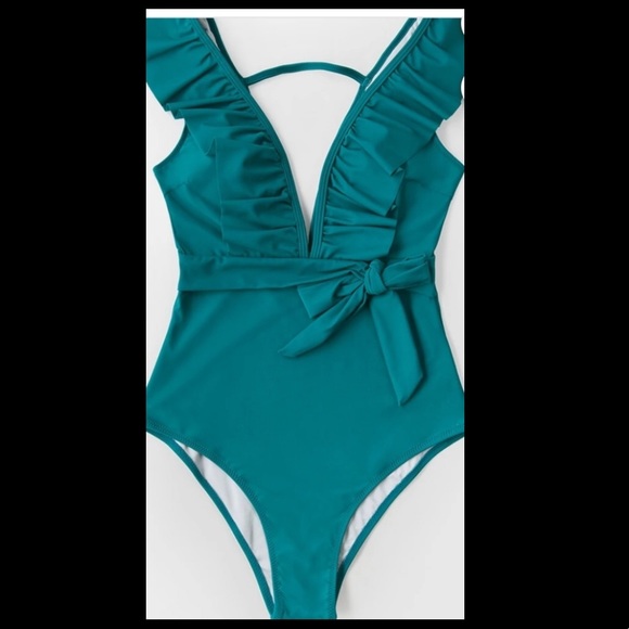Cupshe  Teal Ruffle Drawstring One Piece Swimsuit - Picture 3 of 6